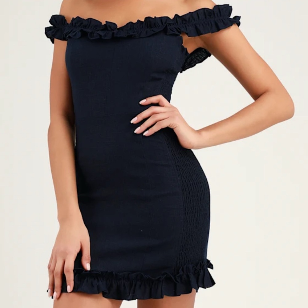 Elati Navy Blue Ruffled Off-the-Shoulder Bodycon Dress